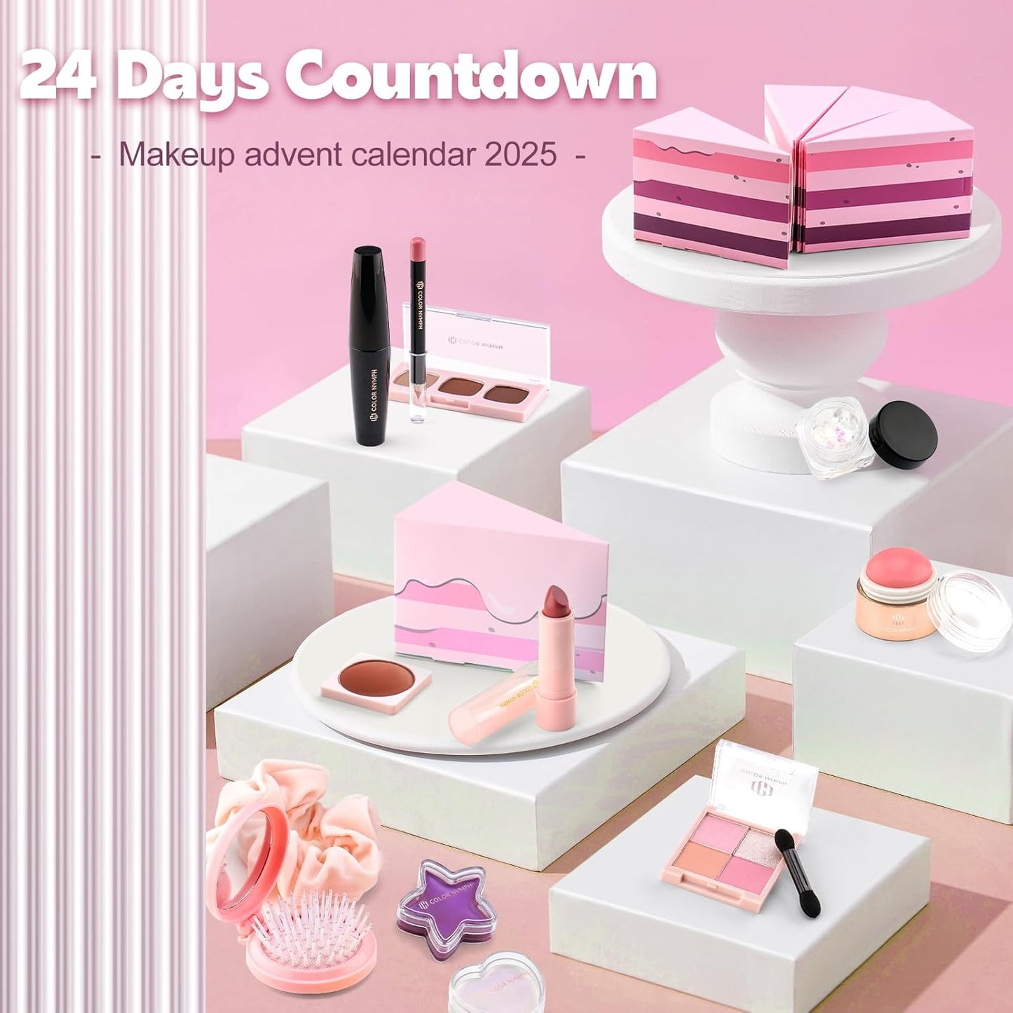 Color Nymph Makeup Advent Calendar 2025, 24 Days Advent Calendar Mystery Box for Christmas, Makeup Gift Sets - Xmas Beauty Countdown Calendar Cosmetics Kit for Women Girls Teens Daughters #Pink