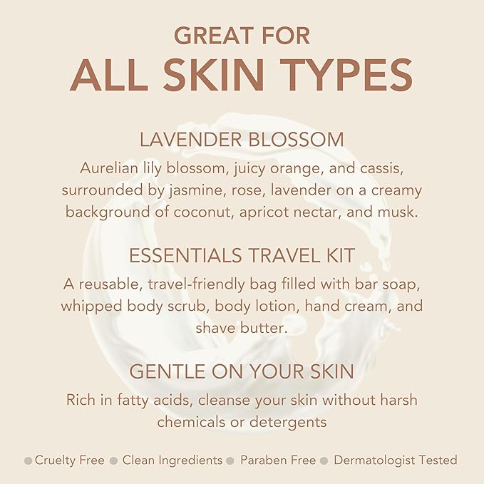 Dionis Goat Milk Lavender Blossom 6 Pc Self-Care Travel Set + 8oz Whipped Body Scrub – Hydrating Exfoliation & Moisture Kit for Smooth, Soft Skin – Cruelty-Free, Paraben-Free, Made in the USA