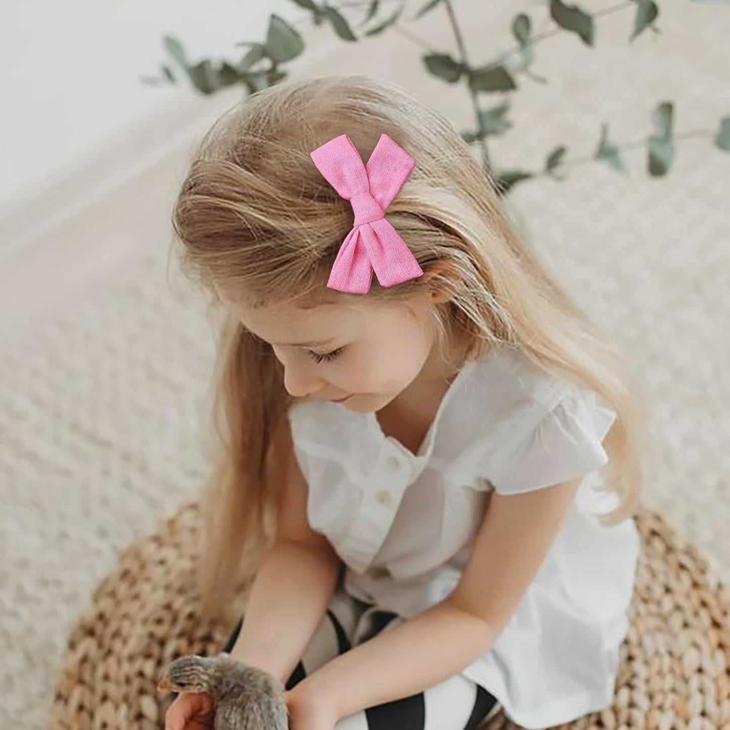 DEEKA Hot Pink Cotton Linen Hair Bows 2 Sizes 5"&3.5" Soft Hair Bow set for Toddler Girls Long Ponytail Knot Bows Alligator Clip Hair Accessories for Little School Girls (Hot Pink)