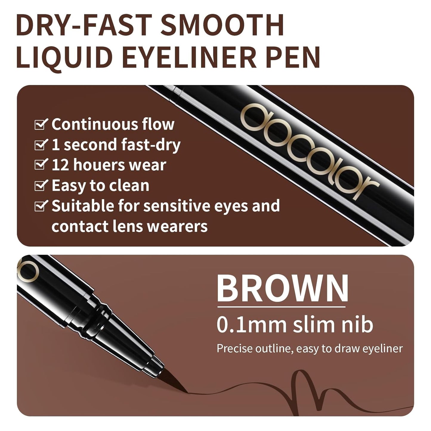 docolor Eyeliner, 2PCS Brown Liquid Eyeliner Waterproof Eye Liner Pen Super Slim Precise All Day Brown Eye Pencils Professional Makeup Liquid Eye Liner Pencil for Women