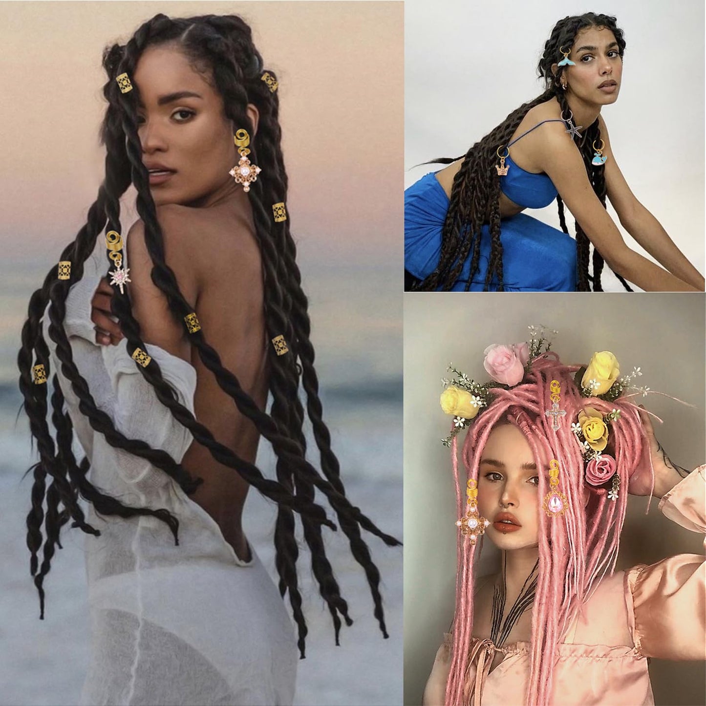 Leeven 173 Pcs Crystal Loc Dreadlocks Jewelry Gold Hair Jewelry for Braids Locs Jewelry for Hair Dreadlock, Locs Charms for Women, Crown Pearls Hair Rings Dreadlocks Hair Cuffs for Women Girls