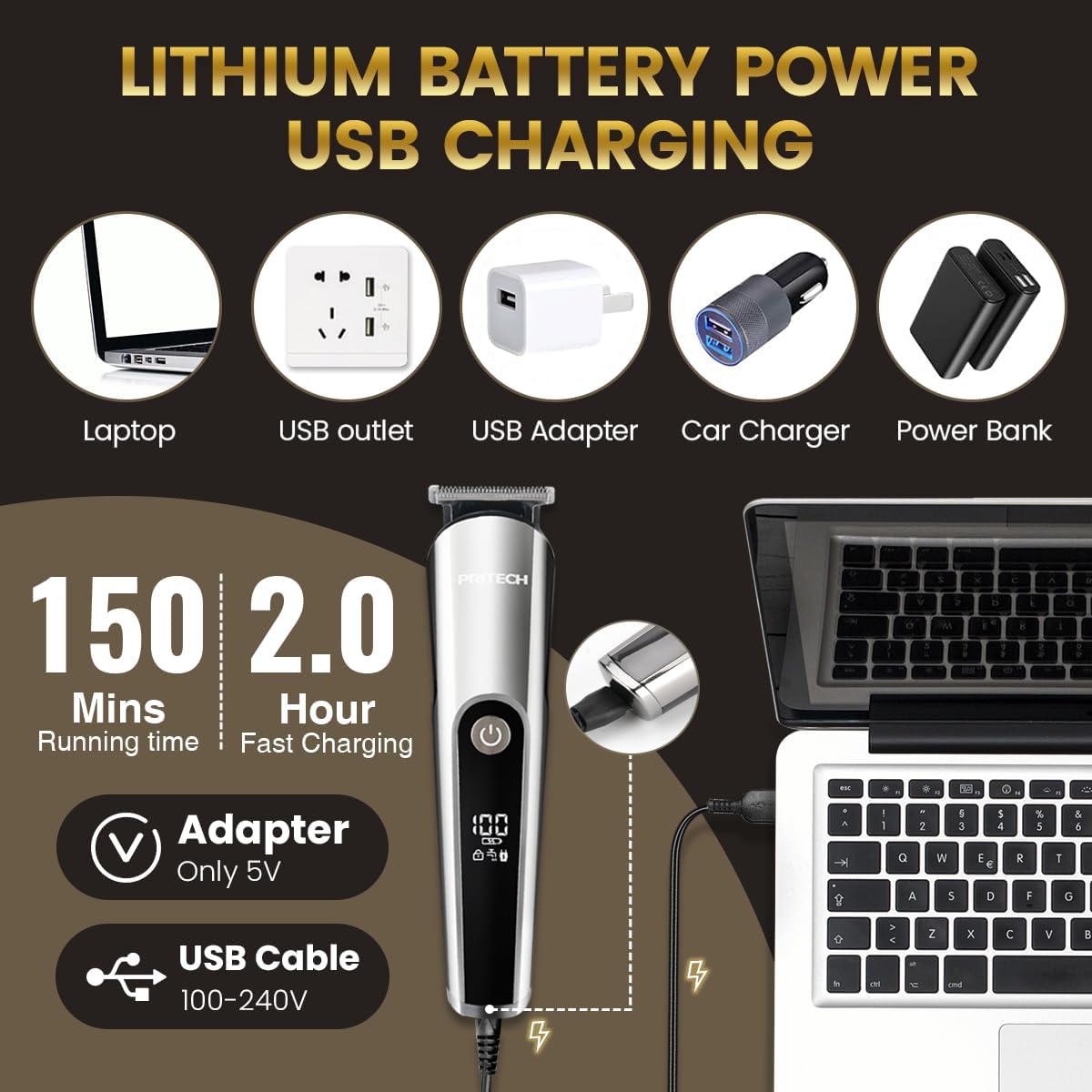 PRITECH Beard Trimmer for Men, 3 in 1 Hair Clippers for Men Kit, Nose,Ear,Micro Electric Shaver, Mens Grooming Set Cordless with LED Display IPX6 Waterproof (Silver)