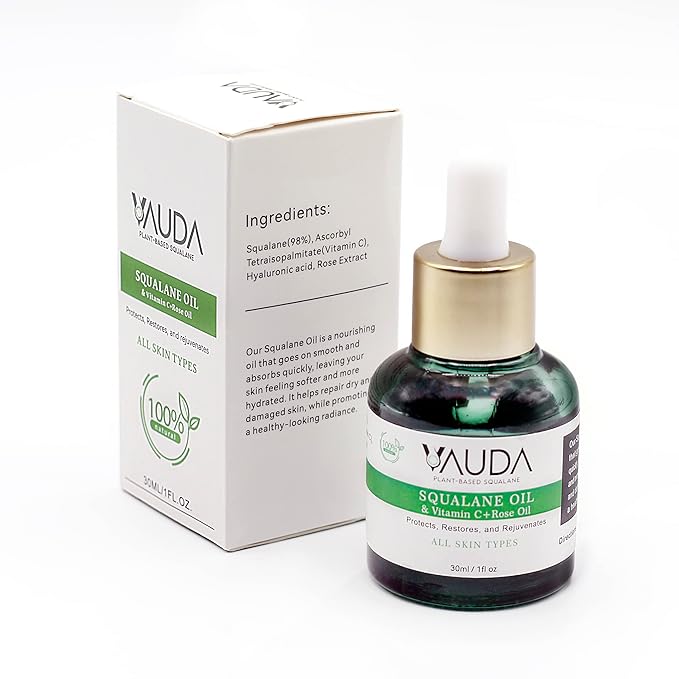 VAUDA 100% Squalane Oil for Face with Vitamin C and Rose Oil – 30 ML Anti-Aging and Hydrating Face Oils for Women, Brightens Skin & Reduces Dark Spots – Plant-Based Natural Squalane Moisturizer Oil