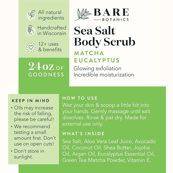 Bare Botanics Matcha Eucalyptus Body Scrub 24 oz - Naturally Scented Sea Salt Scrub Made in Madison, WI - Formulated w/Skin Loving Moisturizers - Vegan, Cruelty Free Exfoliator w/a Cute Wooden Spoon