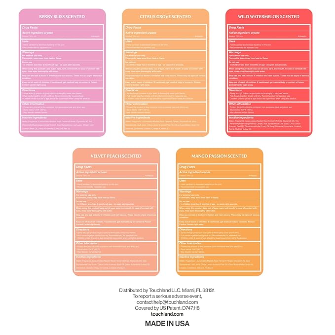 Touchland Power Mist Hydrating Hand Sanitizer Spray, JUICY 5 Set (Citrus, Berry, Watermelon, Peach, Mango), 1 FL. OZ. Travel Size (Set of 5)