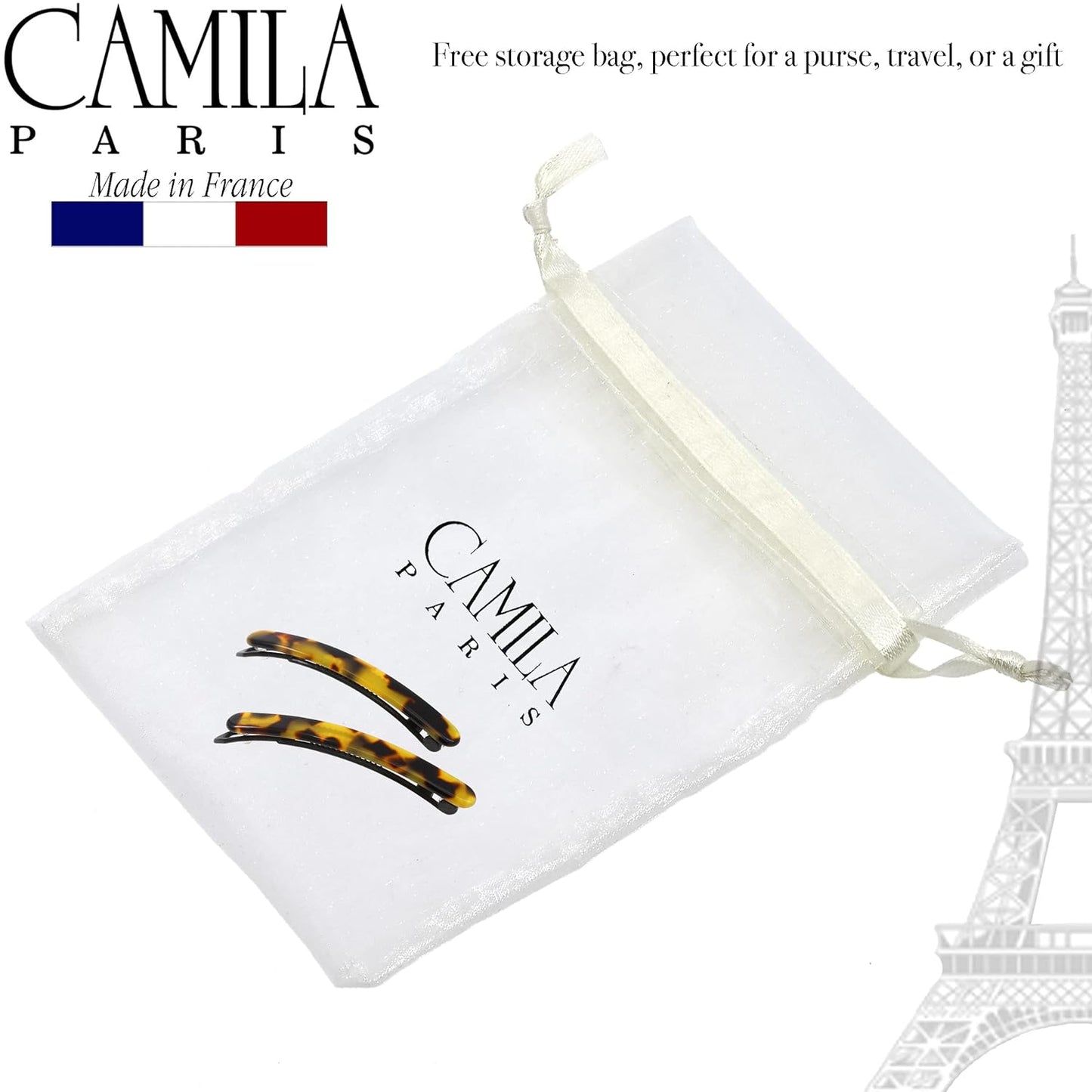 Camila Paris CP3372 French Hair Barrettes Clips for Women, Handmade, Girls Side Slide-in Barrette Clip, Hair Accessories for Women. Strong Hold No Slip Grip Fashion Durable Styling, Made in France