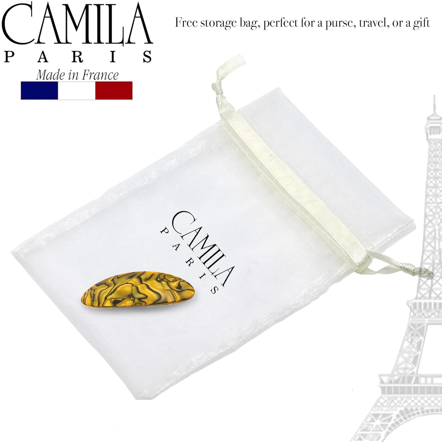 Camila Paris CP3139 French Hair Barrette Clip Handmade Oval Yellow, Strong Hold Grip Hair Clips for Women, No Slip Rubberized Metal Closure, Durable Styling Girls Hair Accessories, Made in France
