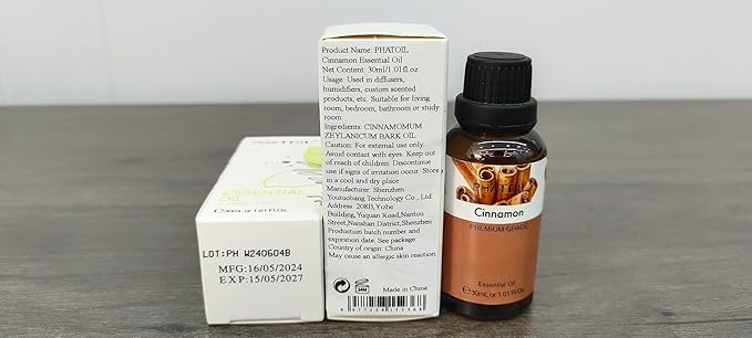 Cinnamon Essential Oil, 1.01Fl.Oz (30ML) PHATOIL Pure Essential Oil Singles for Aromatherapy Diffusers, Humidifiers, Great for DIY Candle and Soap Making, Gift for Friend