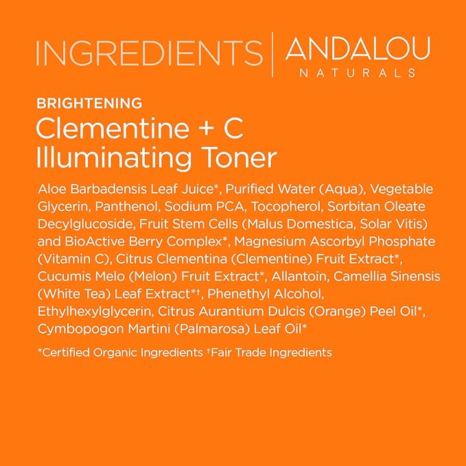Andalou Naturals, Toner Facial Toner Helps Hydrate Balance Skin pH For Clear Even Skin, Clementine Plus C, 6 Fl Oz