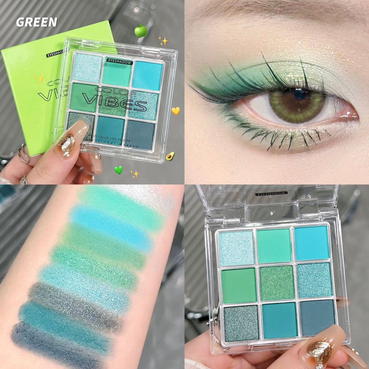 9 Colors Eyeshadow Palette - Avocado Green Eyeshadow Theme, High Pigmented Blendable Matte & Glitter Shimmer Finishes, 24-Hour Long Lasting Eye Makeup for Christmas & Music Festivals(Avocado Green)