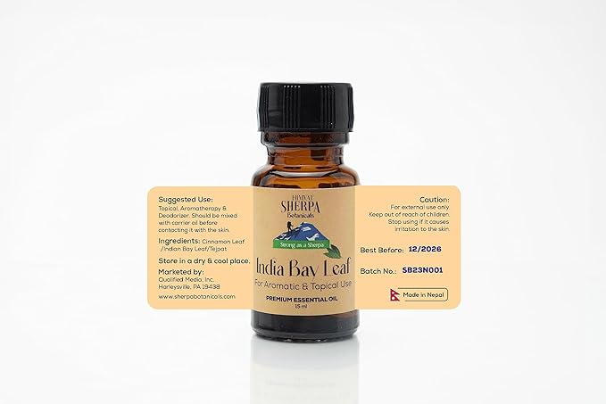 Sherpa Botanicals Indian Bay Leaf Essential Oil - 100% Pure & Natural Oils - Ideal for Diffuser Blends, Aromatherapy, Home Fragrance - Herbaceous Aroma for Home & Wellness - Vegan, Paraben-Free, 15mL