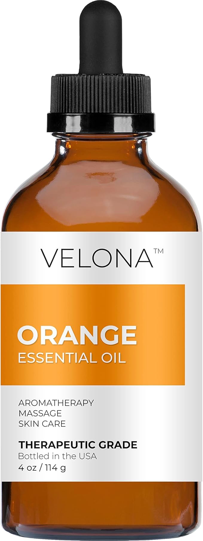 Orange Essential Oil by Velona - 4 Fl Oz | Therapeutic Grade 100% Pure and Natural | for Aromatherapy Diffuser, Massage, Skincare, Haircare, Soapmaking | Undiluted in Glass Bottle