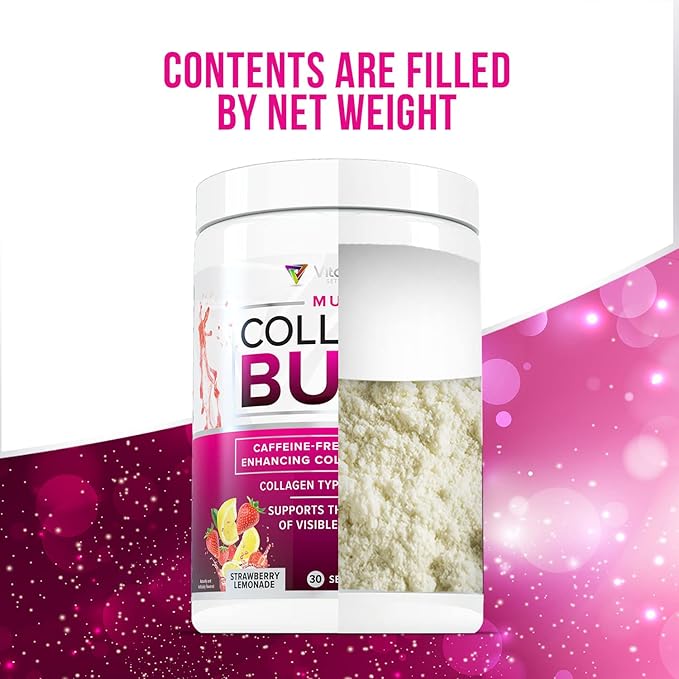 Multi Collagen Burn: Hydrolyzed Protein Peptides with Hyaluronic Acid, Vitamin C, SOD B Dimpless, Types I, II, III, V and X, Caffeine-Free Strawberry Lemonade Flavored 30 Servings
