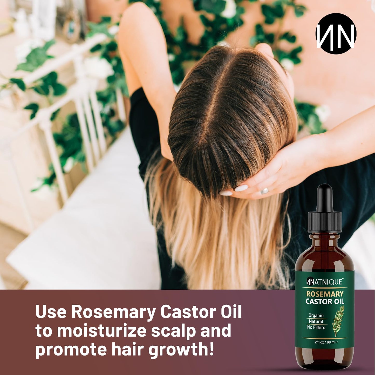 Natnique Rosemary Castor Oil – 100% Pure Cold-Pressed Organic Hair Growth Oil, Hexane-Free Scalp Serum & Moisturizing Treatment for Dry Scalp, Fuller Hair, Stronger Roots & Natural Care – 2oz