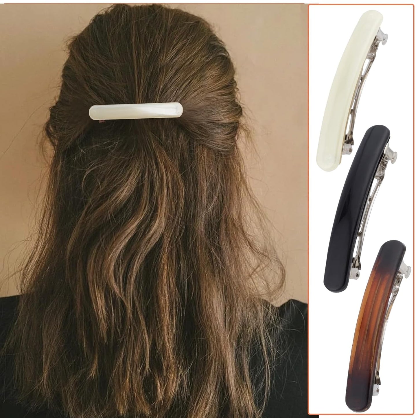 3pcs French Hair Clips for Women, Oval Curved Glossy Barrettes, Non-Slip Tortoise Shell Hairpins Styling Tool for Long Short Straight Curly Wave Hair- Black & White & Amber