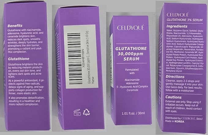 Pure Glutathione Concentrate Mix-in Serum 30,000 ppm w/Niacinamide & Hyaluronic Acid Ceramide | Evens Skin Tone Reduces Hyperpigmentation Acne Scars Dark Spots for Sensitive Skin Korean Skincare