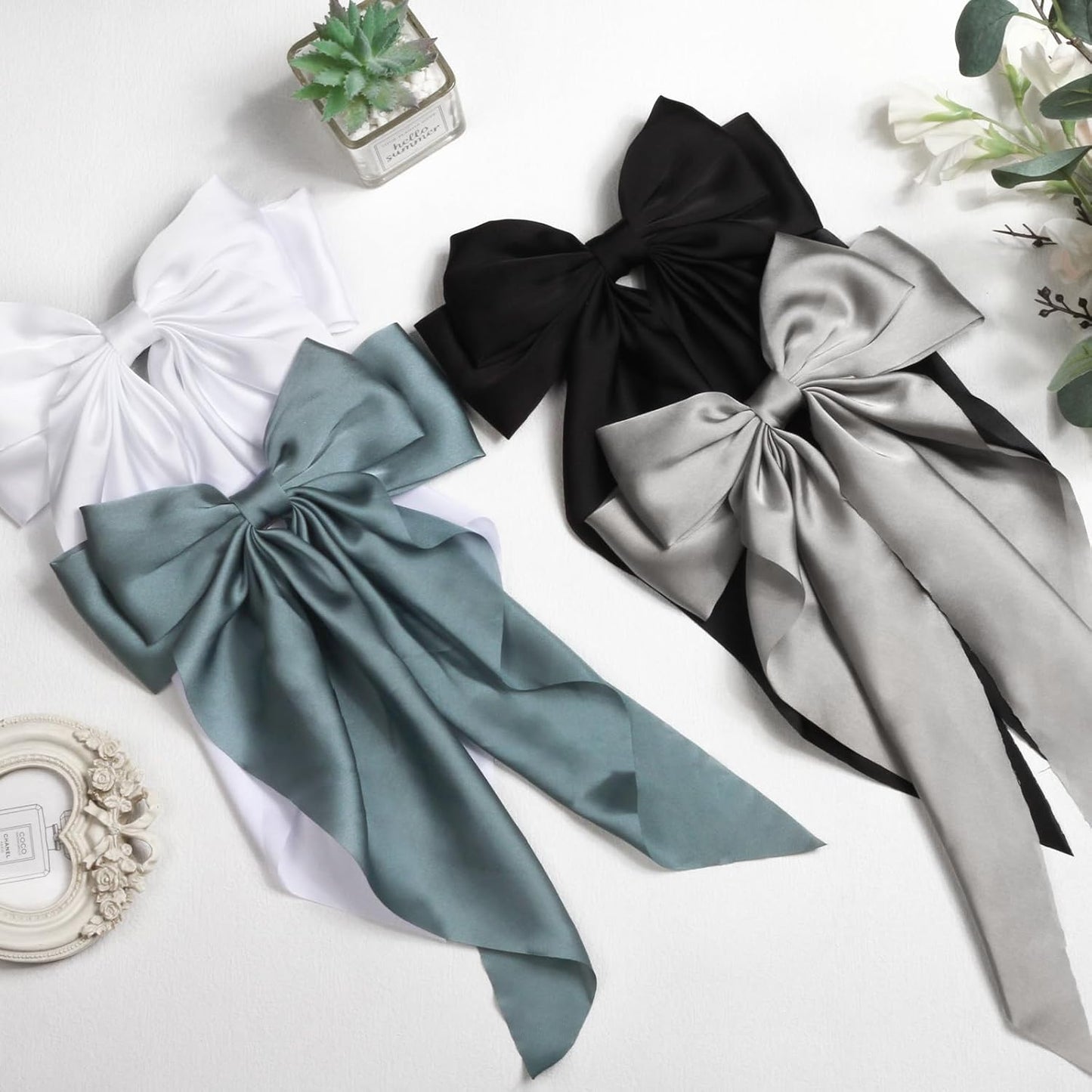 Silky Satin Hair Bows - 4PCS Ribbon Bows for Women & Girls, Big Bow Hair Clips with Long Tail, Barrettes - Cute Hair Accessories Gifts (Black, Blue Grey, Grey, White)