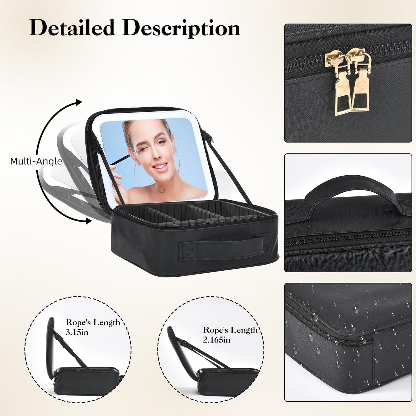 Travel Makeup Bag With LED Mirror,Cosmetic Train Case with 3 Color Setting,Cosmetic Makeup Organizer Bag with Adjustable Dividers,Portable Make up Box with Make up Brushes Holder Storage(Black)