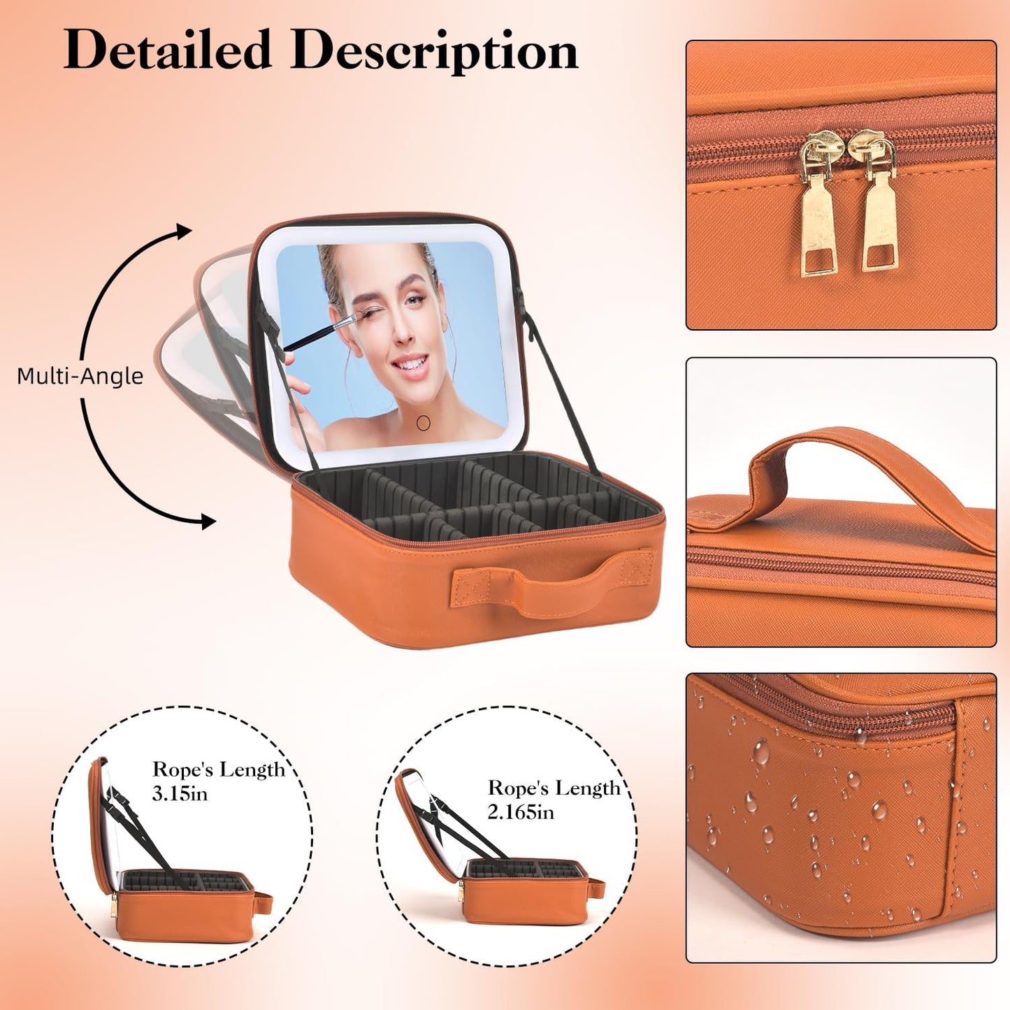 Travel Makeup Bag With LED Mirror,Cosmetic Train Case with 3 Color Setting,Cosmetic Makeup Organizer Bag with Adjustable Dividers,Portable Make up Box with Make up Brushes Holder Storage(Caramel)