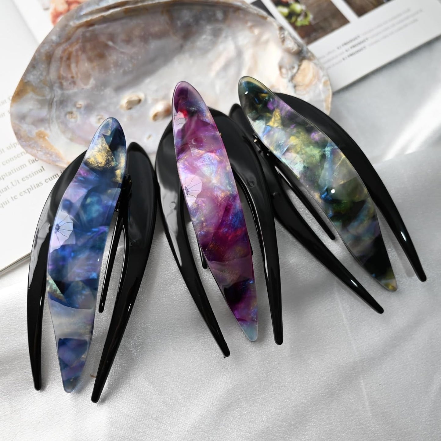 Handmade Celluloid French Design Tortoise Shell Barrettes Side-slide Opening Duck Luxury Fashion Accessories Hair Clip Claw for Women (Aurora green)