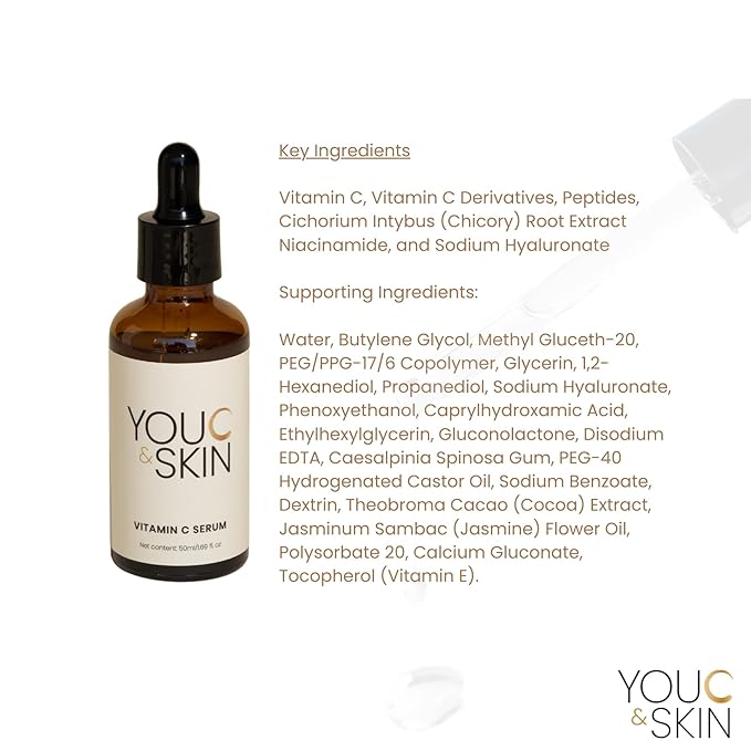 You C & Skin Vitamin C Serum for Face & Neck for Men & Women - Anti-Oxidant Rich, Collagen Boosting, Repairs & Protects against Sun Damage