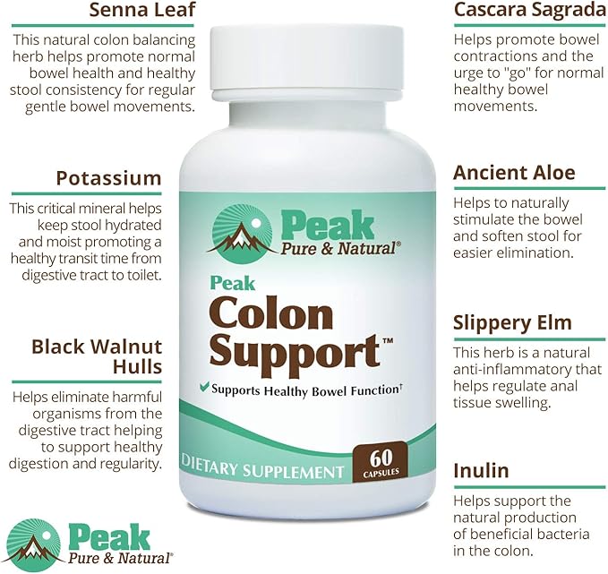Peak Pure & Natural Colon Support - Colon Cleanse and Detox Supplement for Digestive Health - Gut Health Support with Inulin and Senna Leaf Extracts - with Fiber, Prebiotics, and Probiotics - 3 Pack