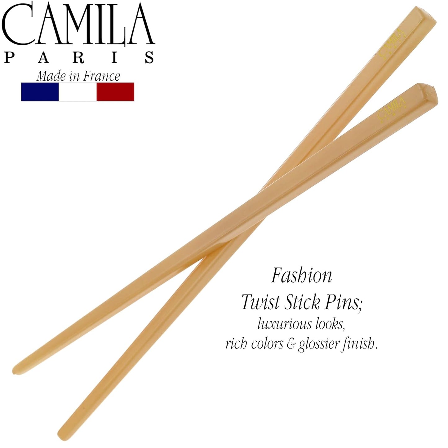 Camila Paris CP3380 French Twist Stick Hair Pin, Set of 2 Beige, Girls Chopsticks Hair Pins for Girls Spiral Updo Chignon Bun Holder, Styling Hair Accessories for Women, Made in France
