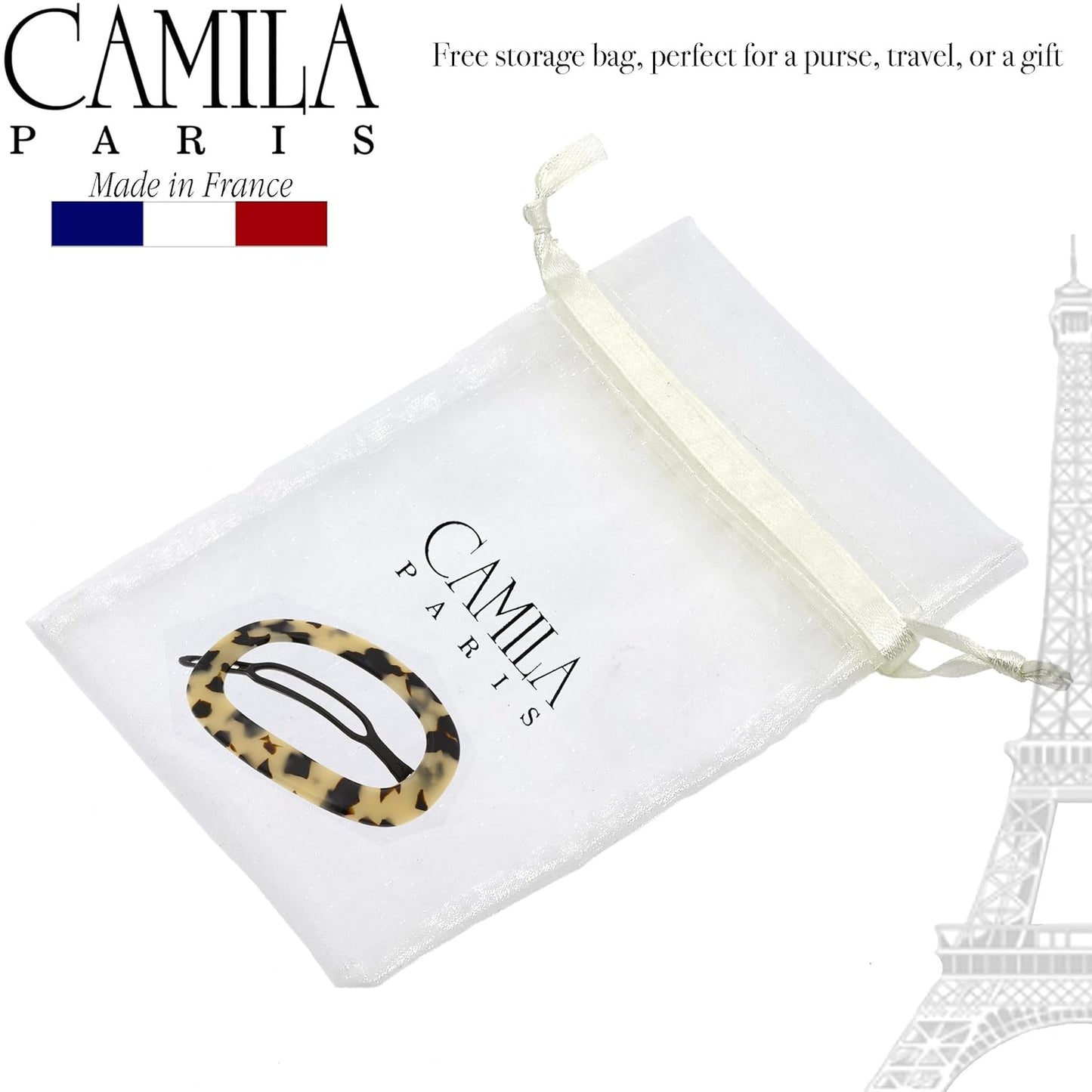Camila Paris CP2802 French Hair Barrette Clip for Women, Handmade, Flow, Slide-in Metal-Free Closure, Strong Hold Grip Hair Clips for Girls, No Slip Durable Styling Hair Accessories, Made in France