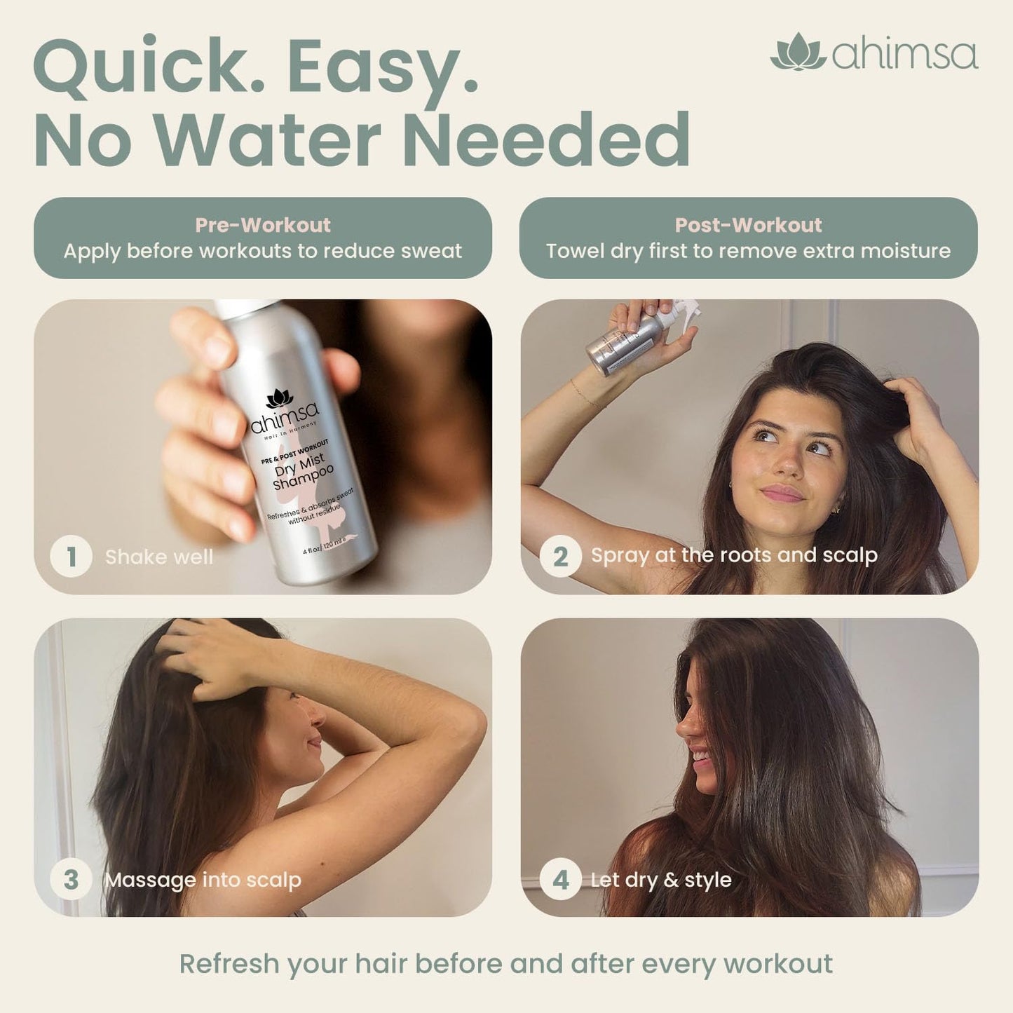 Ahimsa Dry Shampoo Mist Spray 120ml - Non-Aerosol Post-Workout Dry Shampoo Spray for Women Natural No White Residue, Volumizing Refreshing Hair Care, Effectively Absorbs Oil and Sweat, Jasmine Aroma