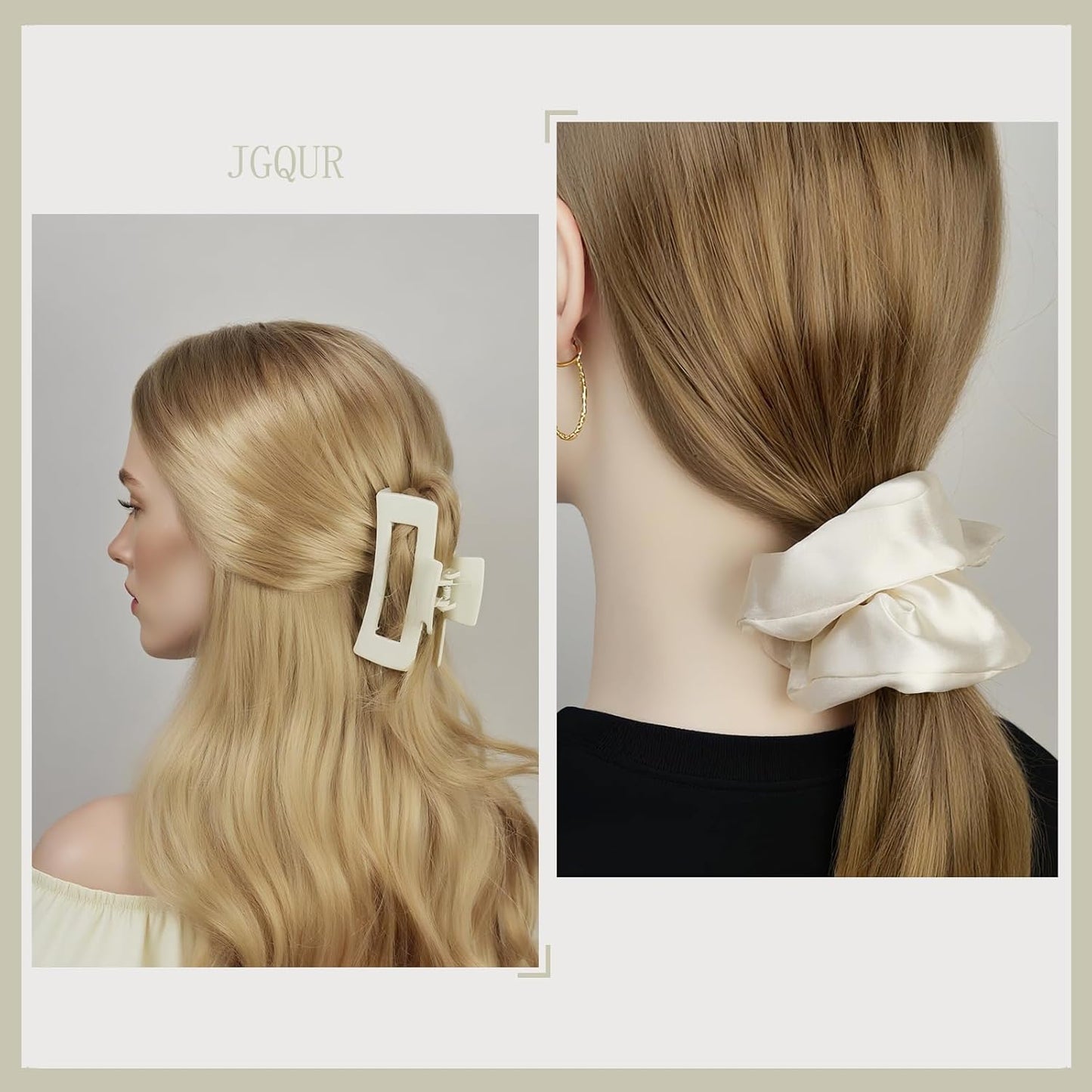 8 Pcs Claw Clips and Hair Scrunchies Set – Square Hair Clips for Women, Medium Non-Slip Matte, Large Satin Scrunchies, Hair Accessories for Thick Thin Hair, Party, Daily Use, Black&Beige