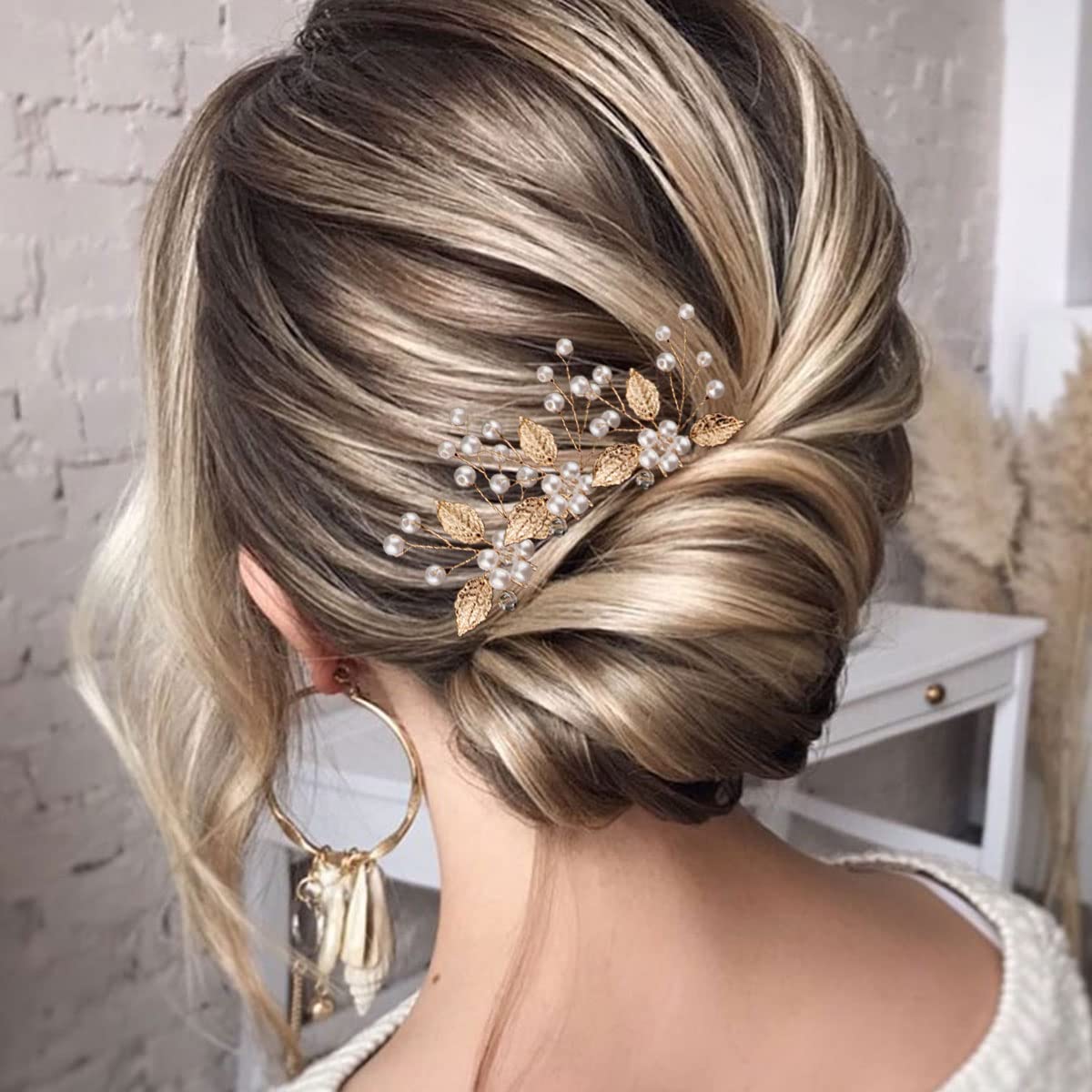 7 Pieces Gold Leaf Pearl Hair Pins with Flower Headpiece - Vintage Styling Accessories for Brides, Bridesmaids, and Girls