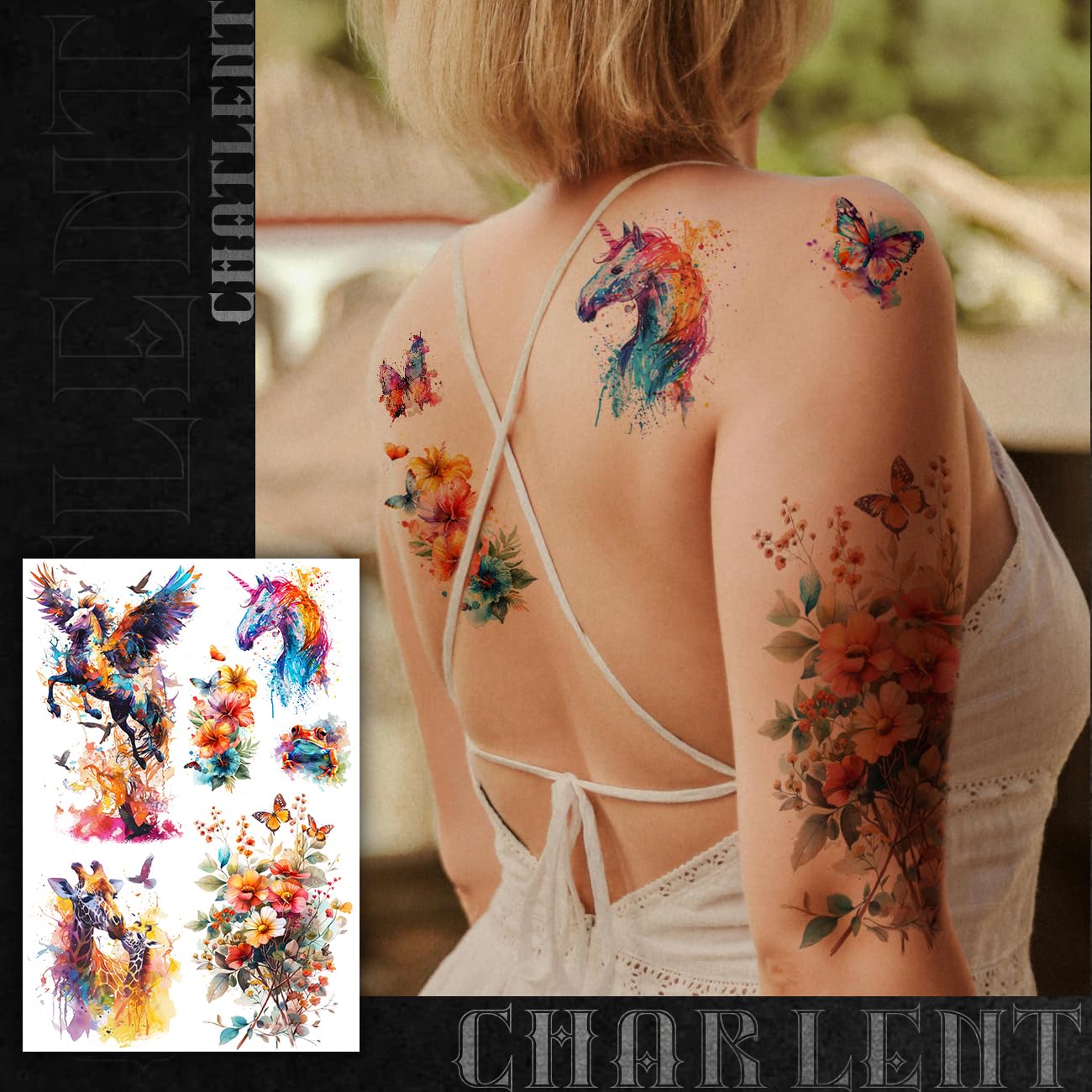 CHARLNET 3D Watercolor Temporary Tattoos For Women Men - 9 Sheets Large Realistic Watercolor Flower Lion Tiger Horse Tattoos for Adults Body Art/Long Lasting/Waterproof