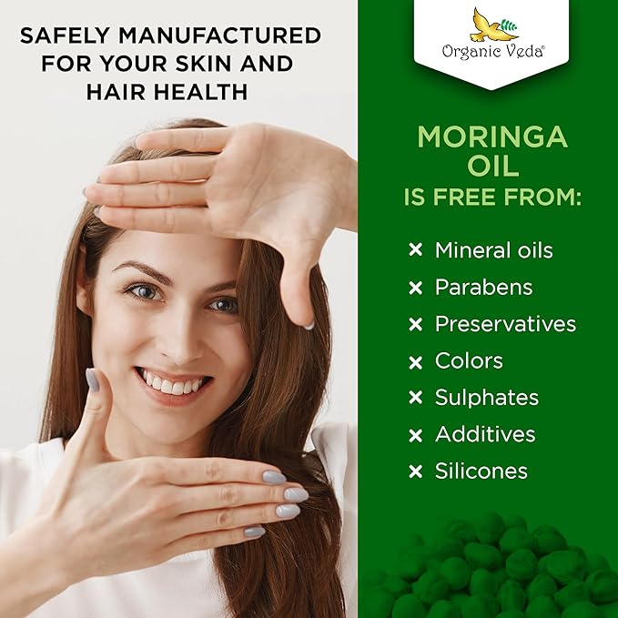 Organic Veda Moringa Oil Virgin 100% Pure & USDA Organic - Multi Purpose, Face, Hair & Skin, Nails, Fast Absorbing, Moisturizing & Beautifying - The Miracle Tree Moringa Oleifera Seed Oil, 1.7 fl.oz