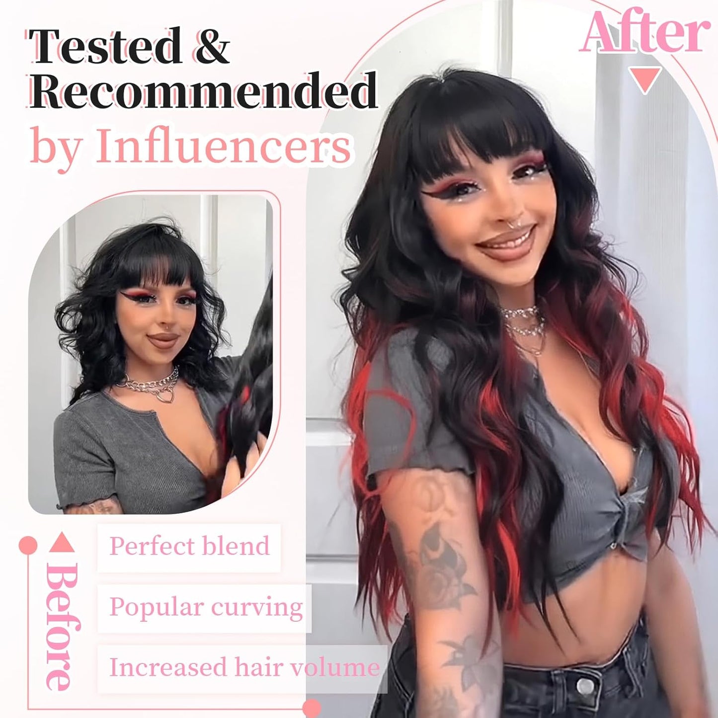 KooKaStyle Hair Extensions Black Mix Red Highlights 1B/113# Clip in Synthetic Highlight Long Wavy 4PCS Thick Hairpieces for Daily Use 24 Inch for Women