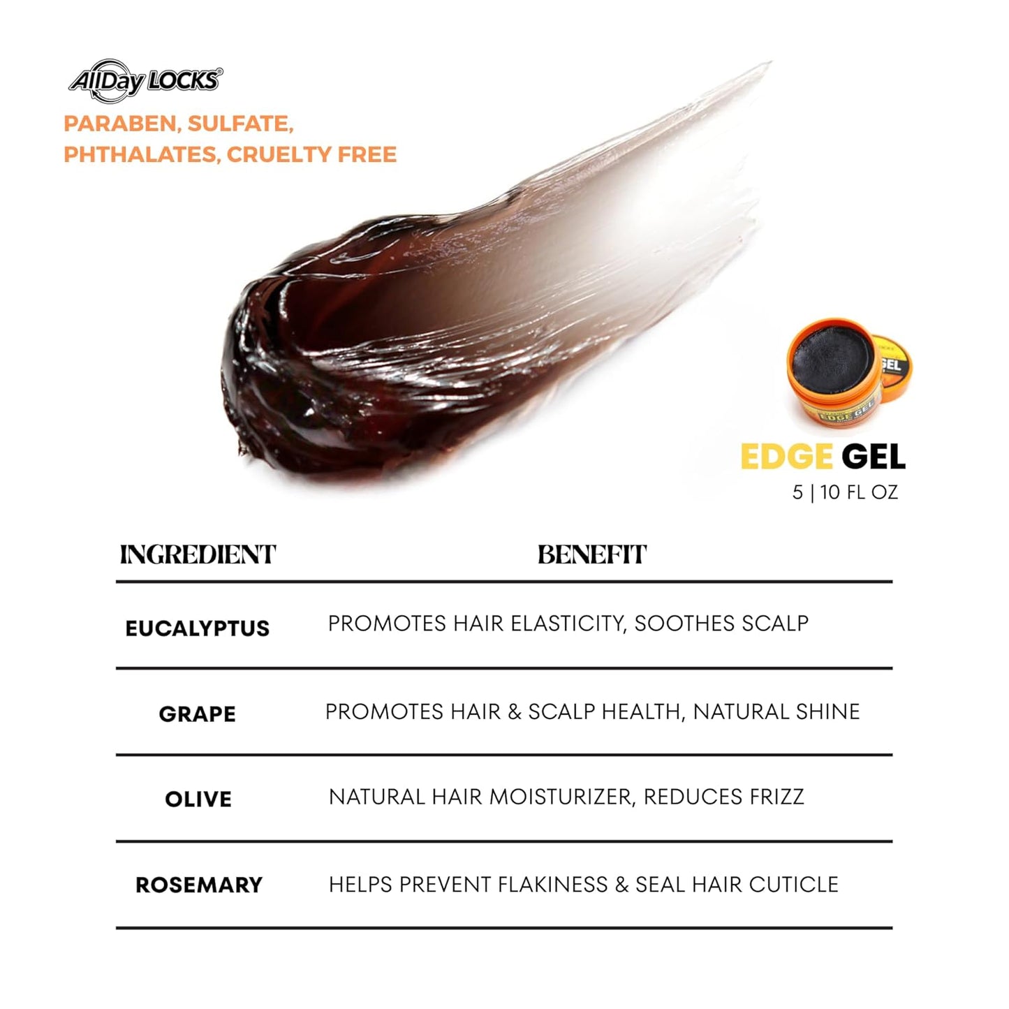 AllDay Locks Edge Gel (5 oz) | Extreme Hold, Moisturizing Edge Control Smoother | Eucalyptus, Rosemary, Olive Oil | No Frizz, Flakes, or Grease | Sleek 'n Slay Edge & Baby Hairs | 5 oz