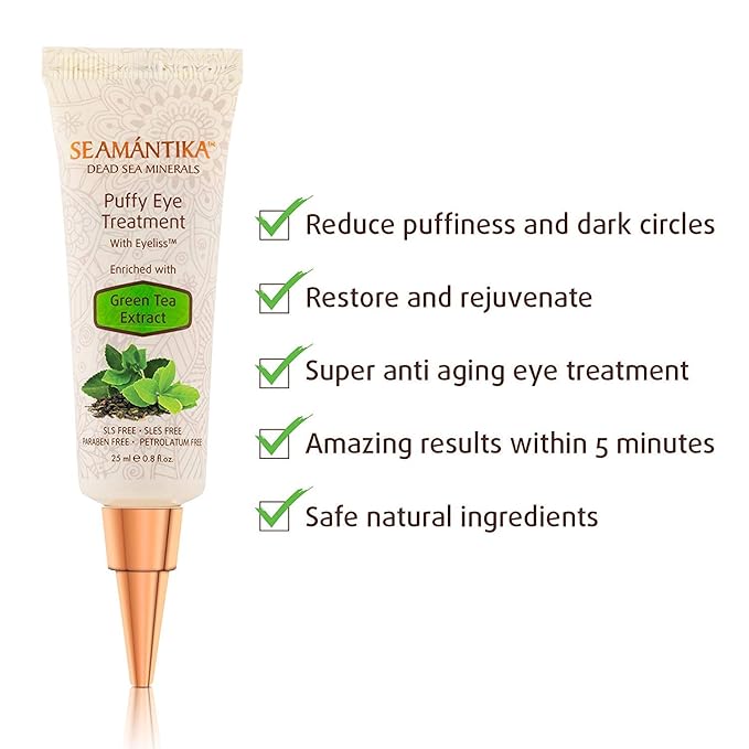 Puffy Eye Treatment Instant results – Naturally Eliminate Wrinkles, Puffiness, Dark Circle and Bags in Minutes – Hydrating Eye Cream w/ Green Tea Extract, Dead Sea Minerals by SEAMANTIKA – .8 fl.oz.