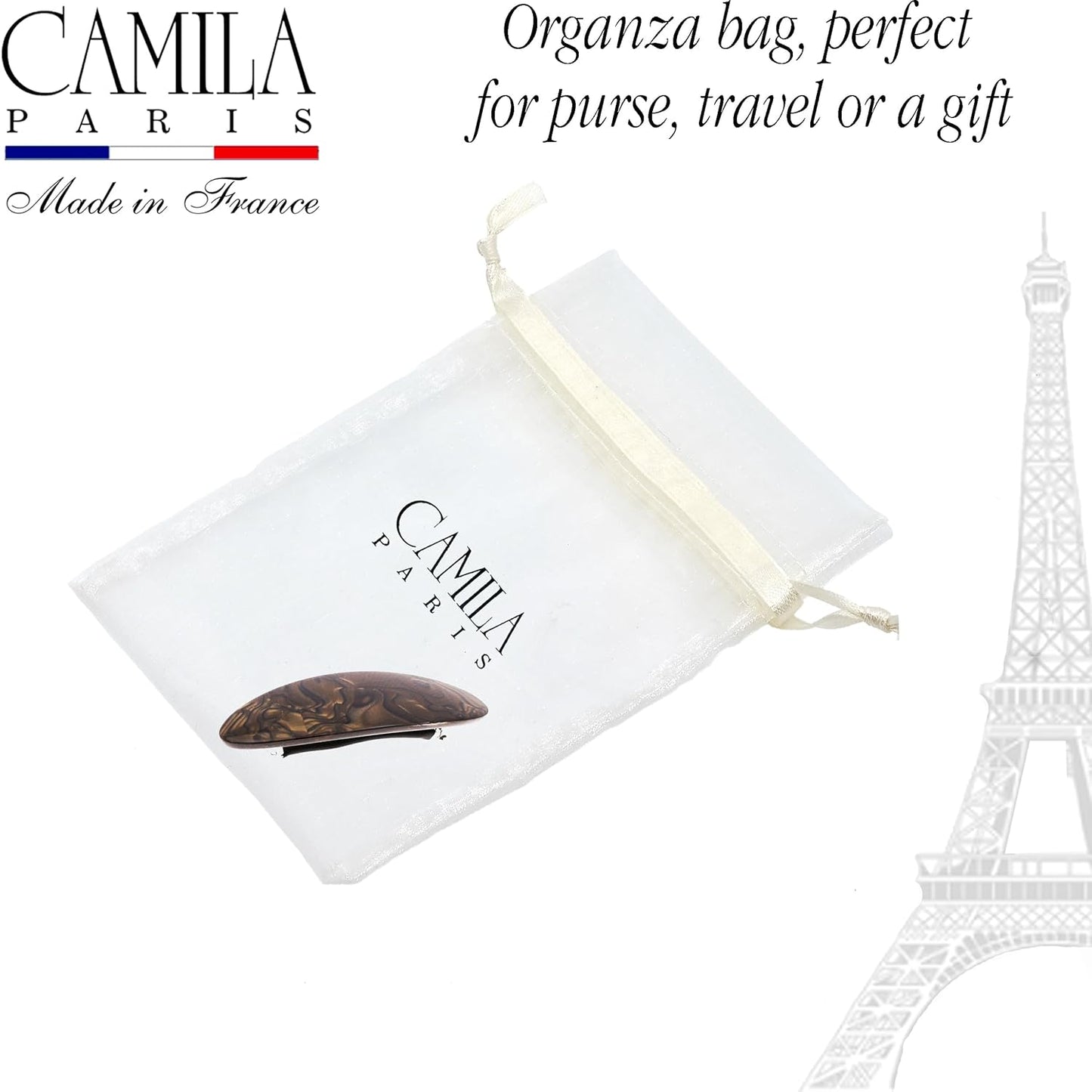 Camila Paris CP3884 French Hair Barrette Clip Handmade Oval Brown, Strong Hold Grip Hair Clips for Women, No Slip Rubberized Metal Closure, Durable Styling Girls Hair Accessories, Made in France