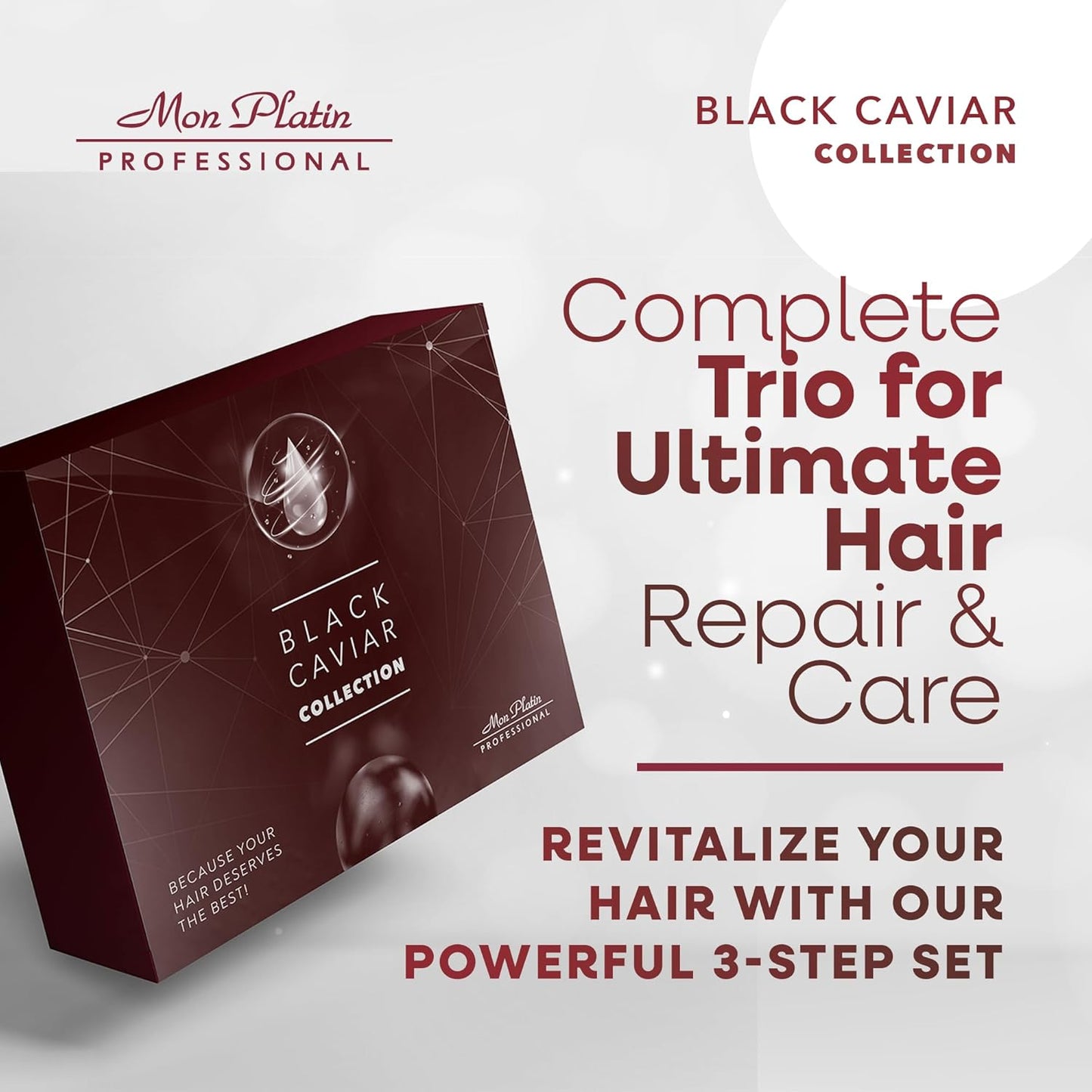 Mon Platin Black Caviar & Silk Protein Hair Mask, Total Repair Shampoo & Serum Bundle – Deep Conditioning, Color-Safe Care for Dry, Damaged Hair with Intense Moisture & Shine Protection