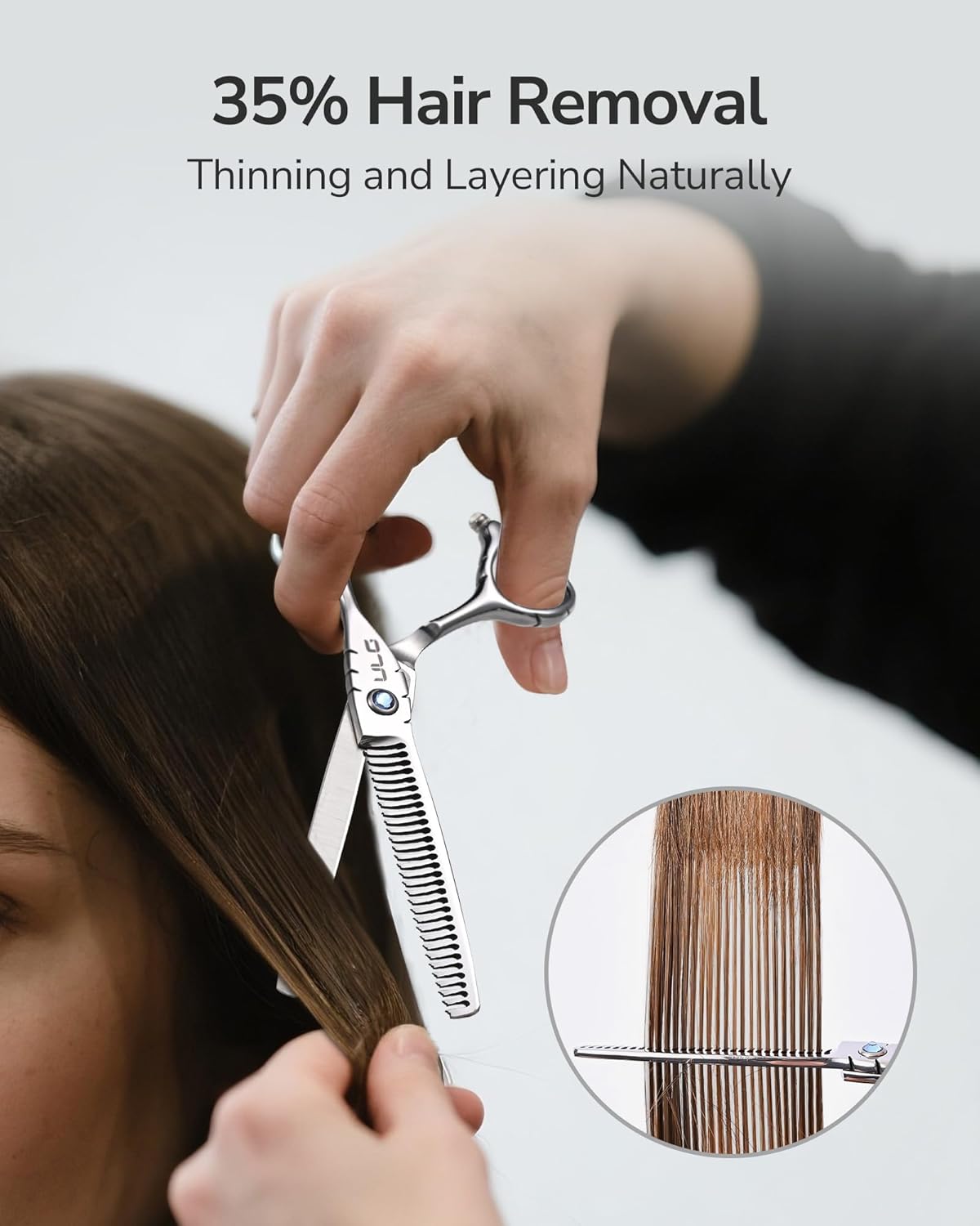 ULG Hair Thinning Scissors 6.7” Shark Series 100% Japanese Stainless Steel, Offset Handle, 30 Deer-Tooth Thinner 35% Hair Removal, Professional Barber Layering Shears for Salon & Home Hair Styling