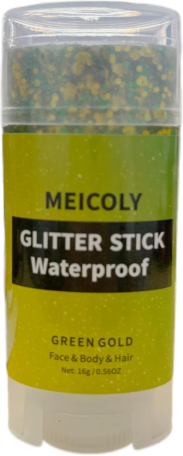 MEICOLY Gold and Green Face Body Glitter Stick,Hair Glitter Stick for Kids and Women,Green and Gold Hair Accessories,Sparkle Chunky Glitter Makeup for Mardi Gras Carnival Festival Party