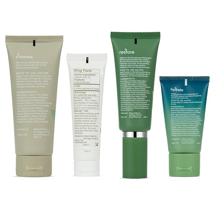 BioClarity 4-Step Clear Skin Routine: Cleanse, Treat, Restore, Hydrate, For Oily or Acne-Prone Skin, Reduces Irritation & Redness, 100% Clean Vegan Ingredients, Travel-Friendly Mini Size