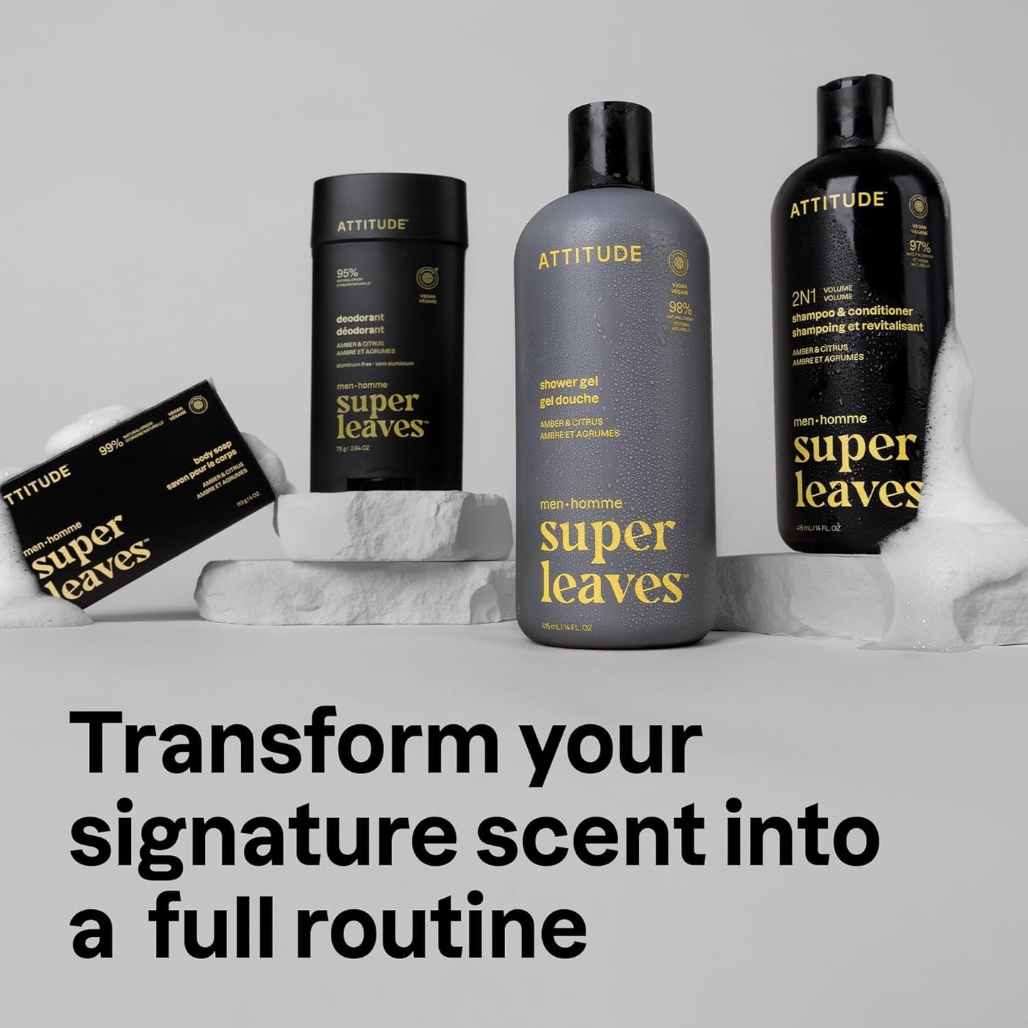 ATTITUDE Shower Gel Body Wash for Men, 98% Natural Origin Ingredients, Paraben & Phthalate Free, EWG Verified, Cleanses Without Drying, Amber & Citrus, 14 Fl Oz