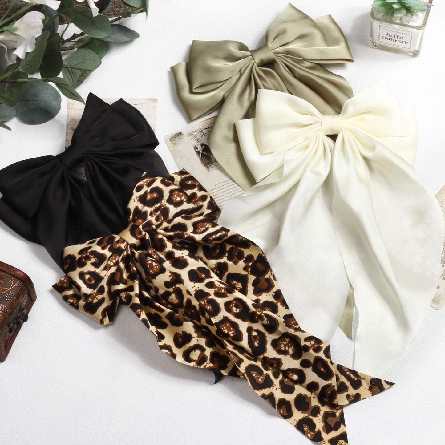 Silky Satin Hair Bows for Women Girls - 4PCS Ribbon Bows for Hair, Big Bow Hair Clips with Long Tail, Barrettes - Cute Hair Accessories Gifts (Black, Leopard, Green, Beige)