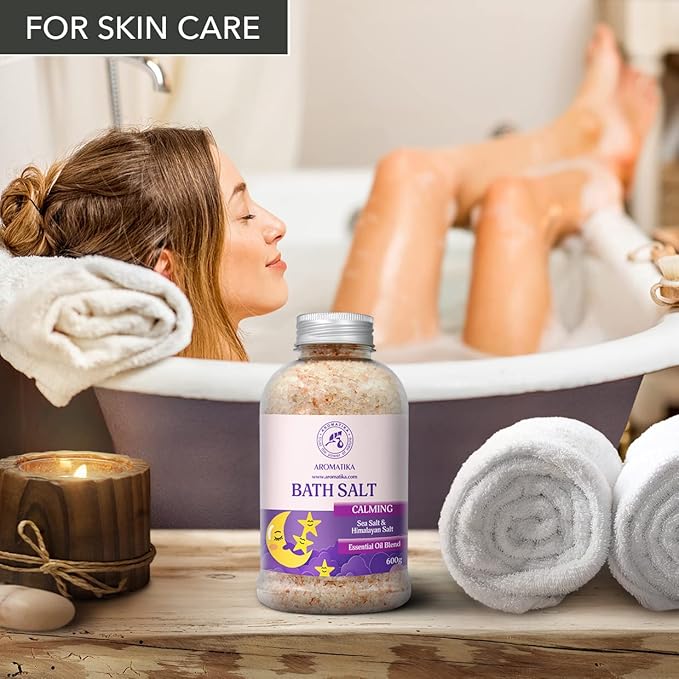 Calming Bath Salts 21.16 Oz - w/Sandalwood & Lavender & Bergamot Essential Oils - Natural Bath Sea Salts 600g - Good for Bath- Good Sleep - Relaxing - Body Care - Beauty - Aromatherapy