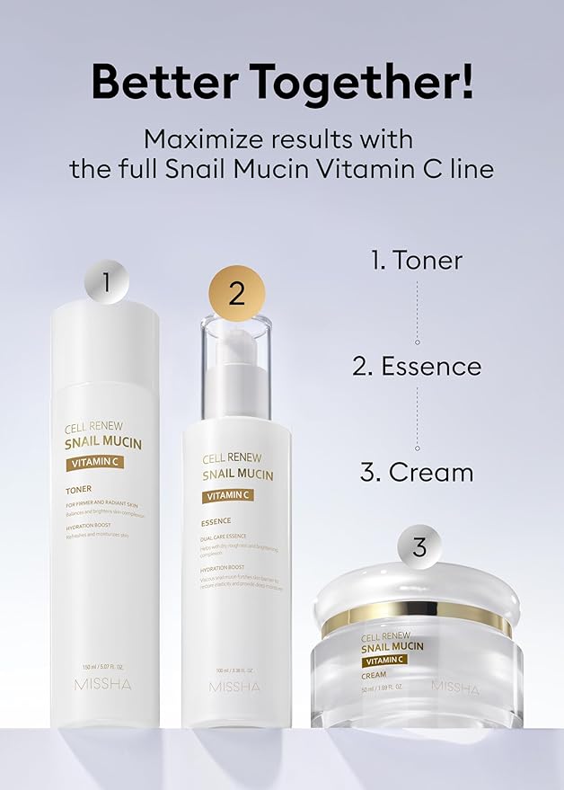 MISSHA Cell Renew Snail Mucin Vitamin C Essence Serum 3.38 Fl oz - Hydrating Korean Skincare for Glass Skin, Snail Mucin Serum for Improved Skin Texture & Complexion, Mother's Day gifts