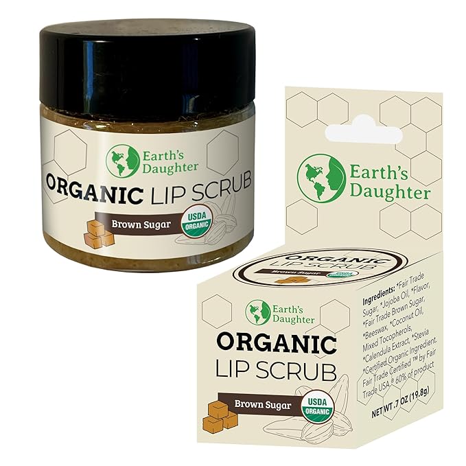 Earth's Daughter Organic Brown Sugar Lip Scrub 0.7 oz - USDA Organic Lip Exfoliator Scrub for Dry Lips - Fair Trade, Brown Sugar, Jojoba Oil, Beeswax, Coconut Oil - Scrubber Exfoliator