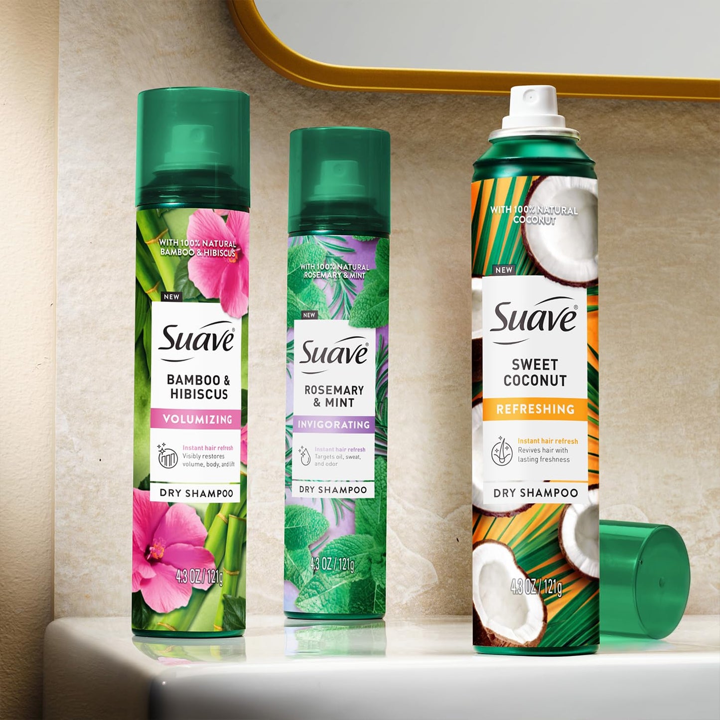 Suave+ Dry Shampoo Spray Variety 2-Pack – Volumizing Bamboo & Hibiscus, Refreshing Sweet Coconut, 4.3 Oz Ea