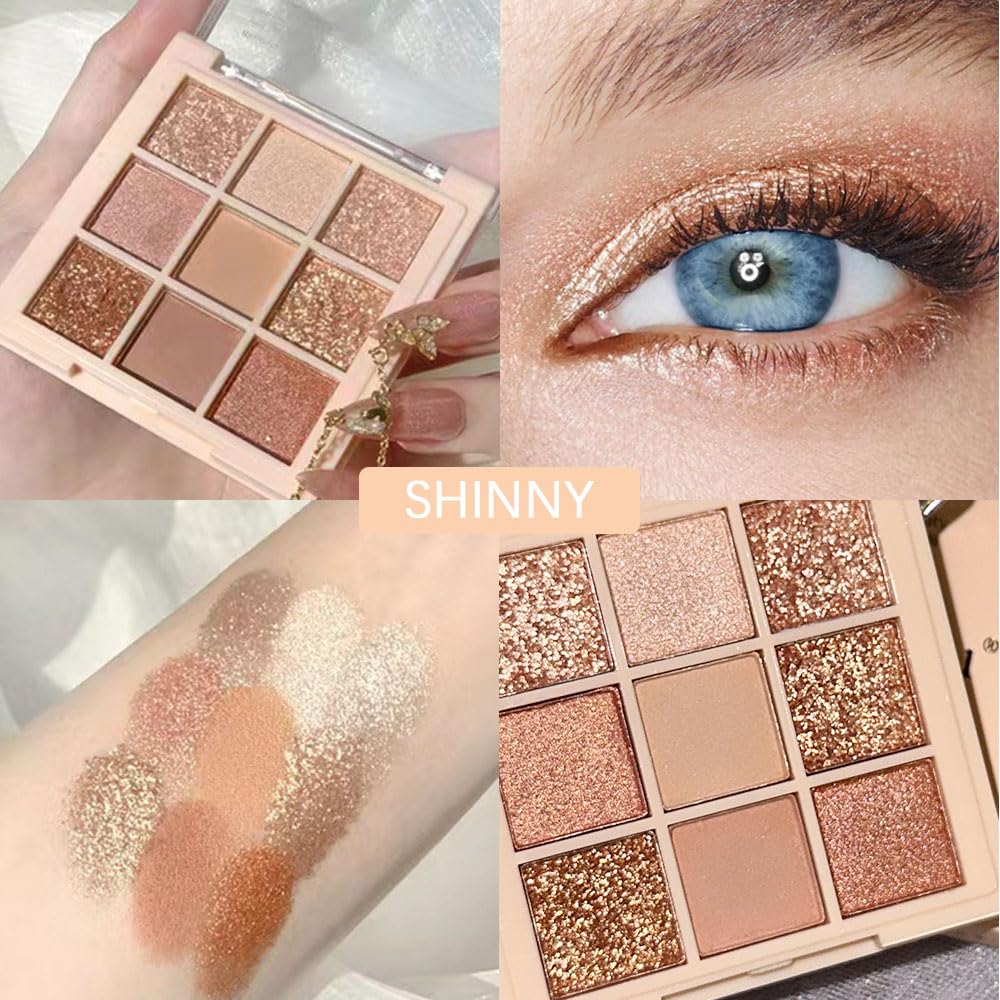 9Colors Champagne Rose Gold Eye Shadow Palette Makeup,Shimmer Pink Eyeshadow Palette Nude Glitter Sparkly Eye Shadows Long Lasting Waterproof Blendable Naturing-Looking