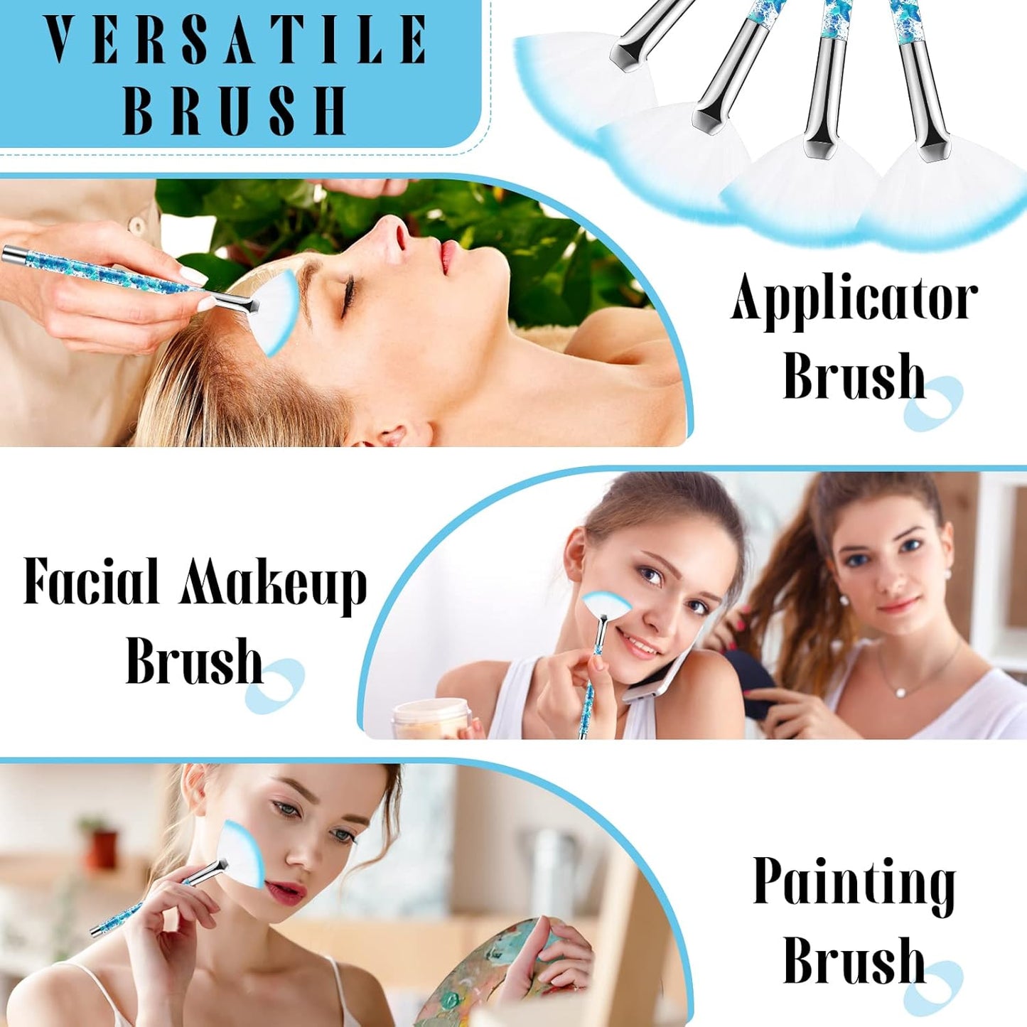 Nuenen 12 Pcs Soft Fan Facial Brushes Mask Acid Applicator Brush for Mud Cream Blush Makeup Peel Glycolic Multi Use Cosmetic Tools with Glitter Quicksand Handle and Pouch(Blue)