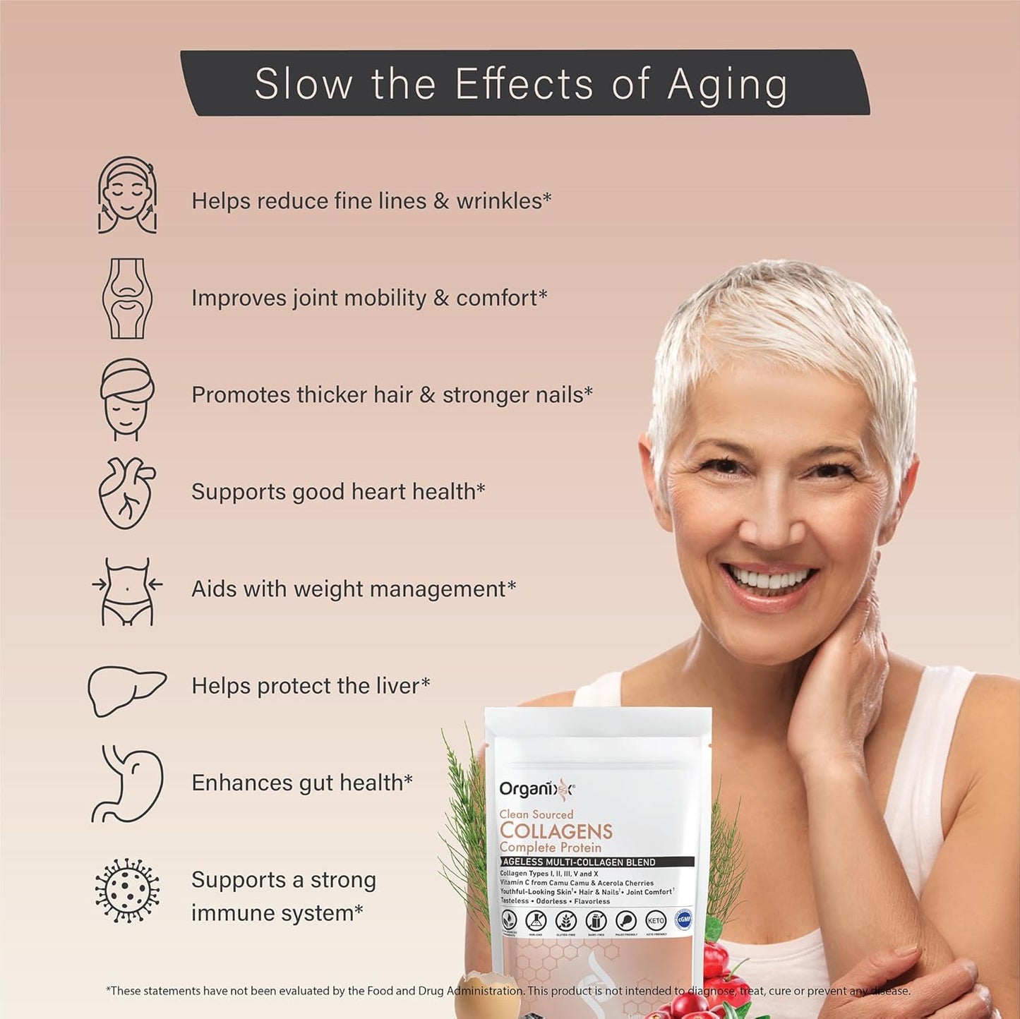 Organixx Collagen Peptides Powder with Vitamin C, Types I, II, III, V, X Hydrolyzed Collagen, Hair, Nail, Skin, Bone & Joint Health, Aging Support, Clean Sourced, Gluten Free, Unflavored, 20 Servings